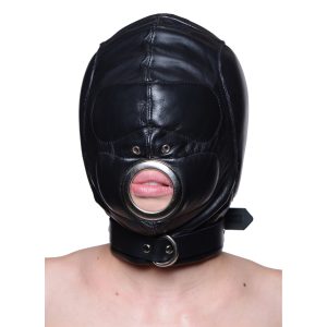 This exquisite leather hood features internal pads over the ears and eyes to block out sound and light