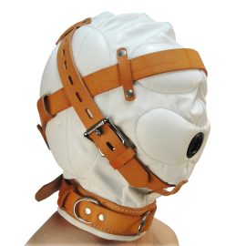 The Strict Leather Sensory Deprivation Hood is now available in a striking white and tan design that adds a unique institutional flavor to your bondage scene. This exquisite leather hood features internal pads over the ears