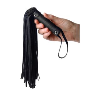 Get a handful of pleasure and pain with this pint sized hand flogger. The man made leather is soft and textured for realism. The spiral wrapped handle has two silver studs and is topped with a wrist loop