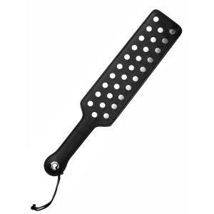 This 16.5 inches leather paddle is similar in style to our fraternity paddle but with on little twist. It has 30 steel studs on the impact side. The studs add weight and a more intense feeling that our other leather paddles.