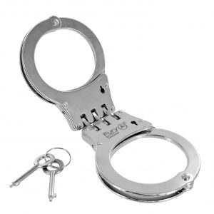 Professional Police double-hinged cuffs made of satin nickel finished steel. The hinge design restricts wrist movement better than standard chain handcuffs. The inner perimeter measures 5-3/6 inch to 8". Double locking engaging pin assures security. Includes two keys. Cuffs weigh 11 oz.