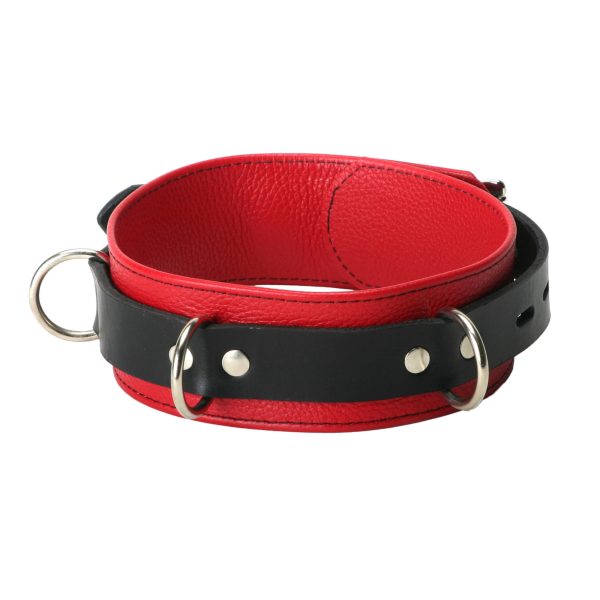 This stylish red and black leather collar is made with function