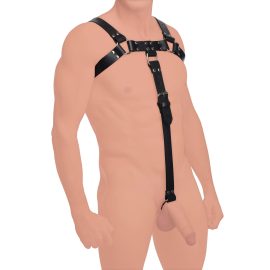 This fetish wear duo combines an enticing chest harness with a naughty cock strap
