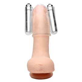 This clear sheath allows you to watch your penis head thrum With super-powered twin vibrating bullets and a super-stretchy