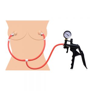 This all-in-one nipple pumping system even has a gauge to watch the pressure build as your nipples are simultaneously sucked! Nipple suction increases sensitivity and temporarily engorges as it draws increased circulation into the area. The sensation heightens sexual experiences both with a partner or solo. Just place the clear cylinders over your sensitive little nubs