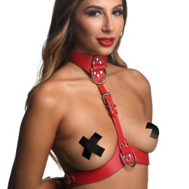 Show off your gorgeous body and share your flair for kink with this chest harness! The top of the harness wraps around the neck to serve as a collar then comes down between the breasts to split off and wrap around to the back. The harness accentuates and complements the shape of each breast and has a halter-top look from behind. Each long strap has many holes in it so you can place the prongs through them to adjust for a perfect size! With buckle closures you have a comfortable yet secure fit. The harness adjusts from the neck to the center of the body