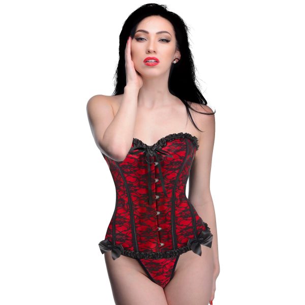 Indulge in this scarlet corset and thong and really embrace your seductive and sensual side! The corset is made out of polyester and spandex with steel boning and busk closures. The boning helps reinforce the structure and look of an hourglass shape while supporting you and your bosom or chest. The polyester corset is made up of scarlet fabric with black lace over it and black ribbons and ruffles that enhance the look and feel overall. The classic lace-up back gives you a custom fit and feel with smooth