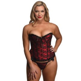 Indulge in this scarlet corset and thong and really embrace your seductive and sensual side! The corset is made out of polyester and spandex with steel boning and busk closures. The boning helps reinforce the structure and look of an hourglass shape while supporting you and your bosom or chest. The polyester corset is made up of scarlet fabric with black lace over it and black ribbons and ruffles that enhance the look and feel overall. The classic lace-up back gives you a custom fit and feel with smooth