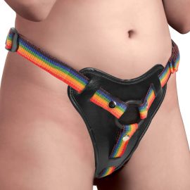 This Rainbow Harness is perfect for pegging and strapon play! It is compatible with most dongs and has 2 different silicone O-rings that fit around the base of any strapon dildo. With wide