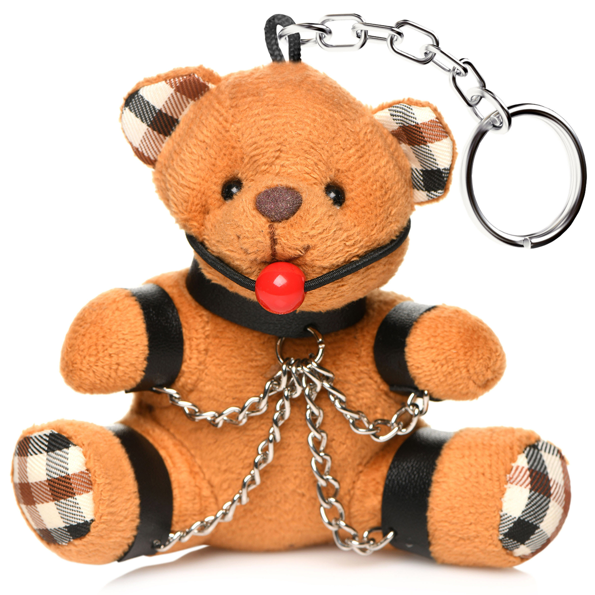Give this gagged bear as a gag gift or keep it for yourself! The little bondage bear fits in the palm of your hand and will attach to a keychain or bag as a fun way to flag that you're kinky! With a collar