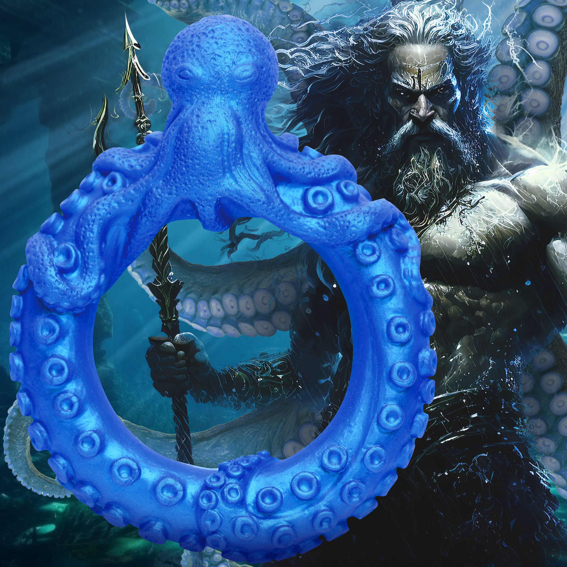 Decorate your dong with this fantasy C-ring! Poseidon's Octo-Ring is made out of super stretchy and plush silicone that is phthalate-free and body-safe. The brilliant blue really stands out when you're wearing the ring and the little octopus and its tentacles wrap around your shaft. It can fit over the shaft along or also be stretched to fit around the shaft and under the balls