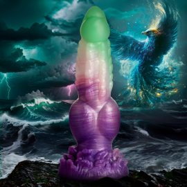 Let your mythical fantasies take flight! This unique Aqua Phoenix dies and is reborn not by fire but with the power of the churning seas! The jade green and purple dong has rows of firm